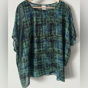 CABI Blue Green Chiffon Blouse Asymmetrical Hem Double Layer Medium